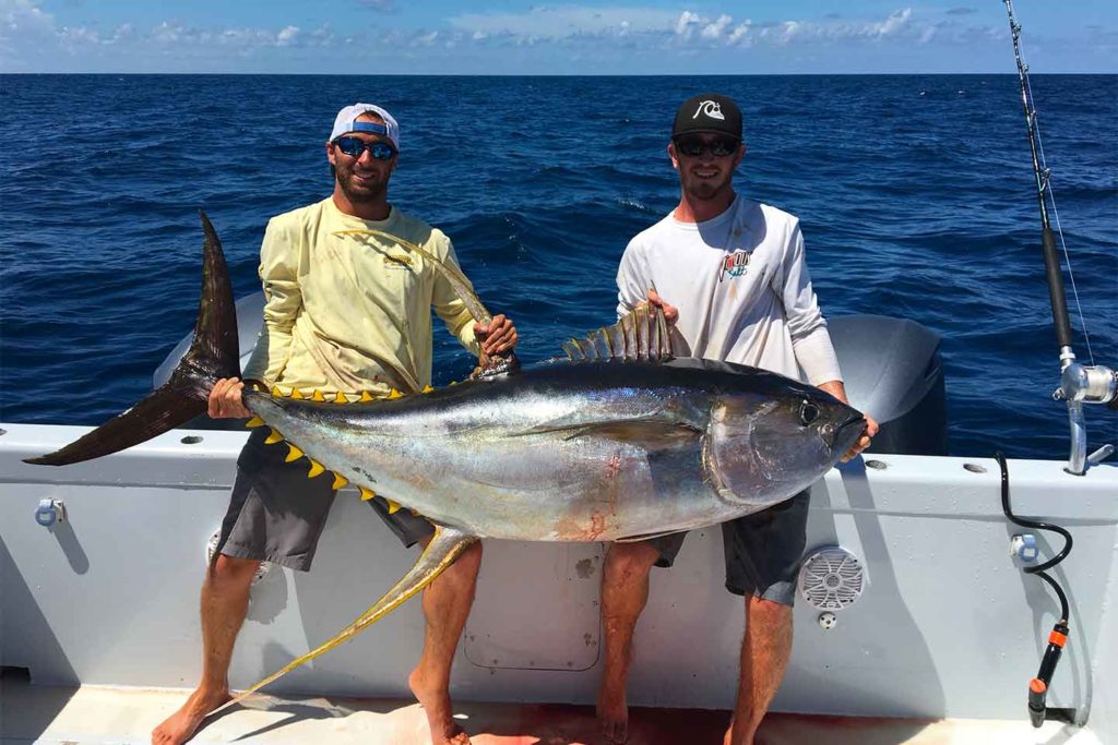 two men holding a yellowfin tuna on the paradise outfitters charter fishing boat that they caught in the gulf of mexico