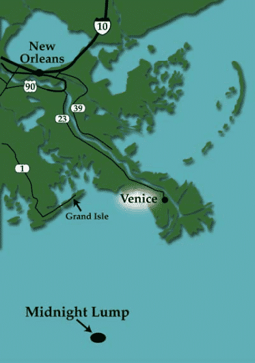 map showing the location of the midnight lump in the Gulf of Mexico off the cost of Venice, Louisiana