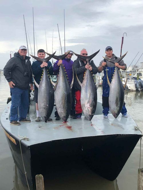 captain hunter caballero and fishing charter guests holding four tuna in Venice, LA